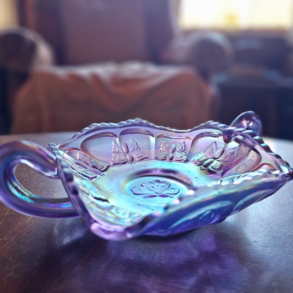 Fenton Carnival Glass Violet Butterfly Nappy